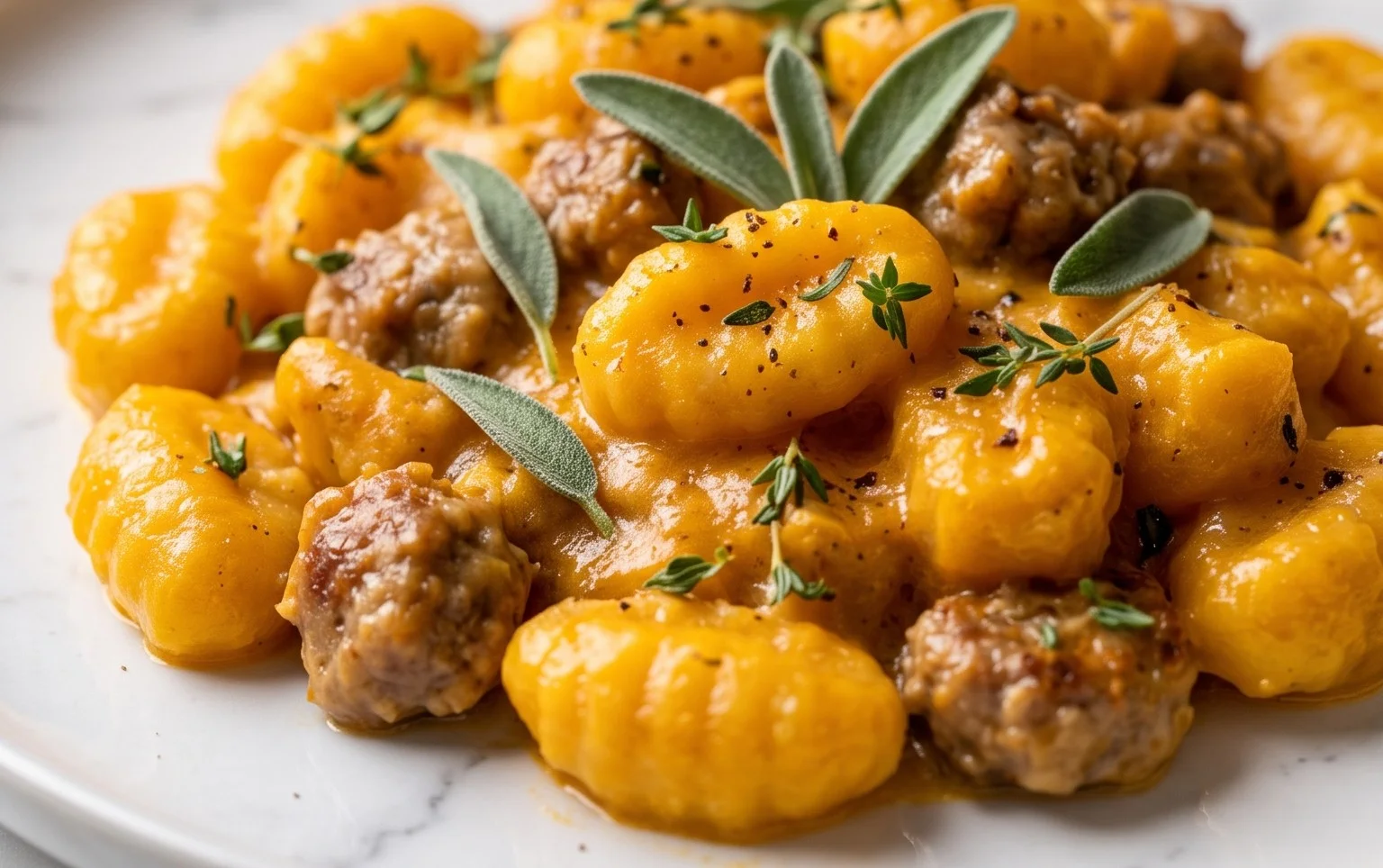 Creamy Butternut Squash Gnocchi with Sausage, Thyme, and Sage